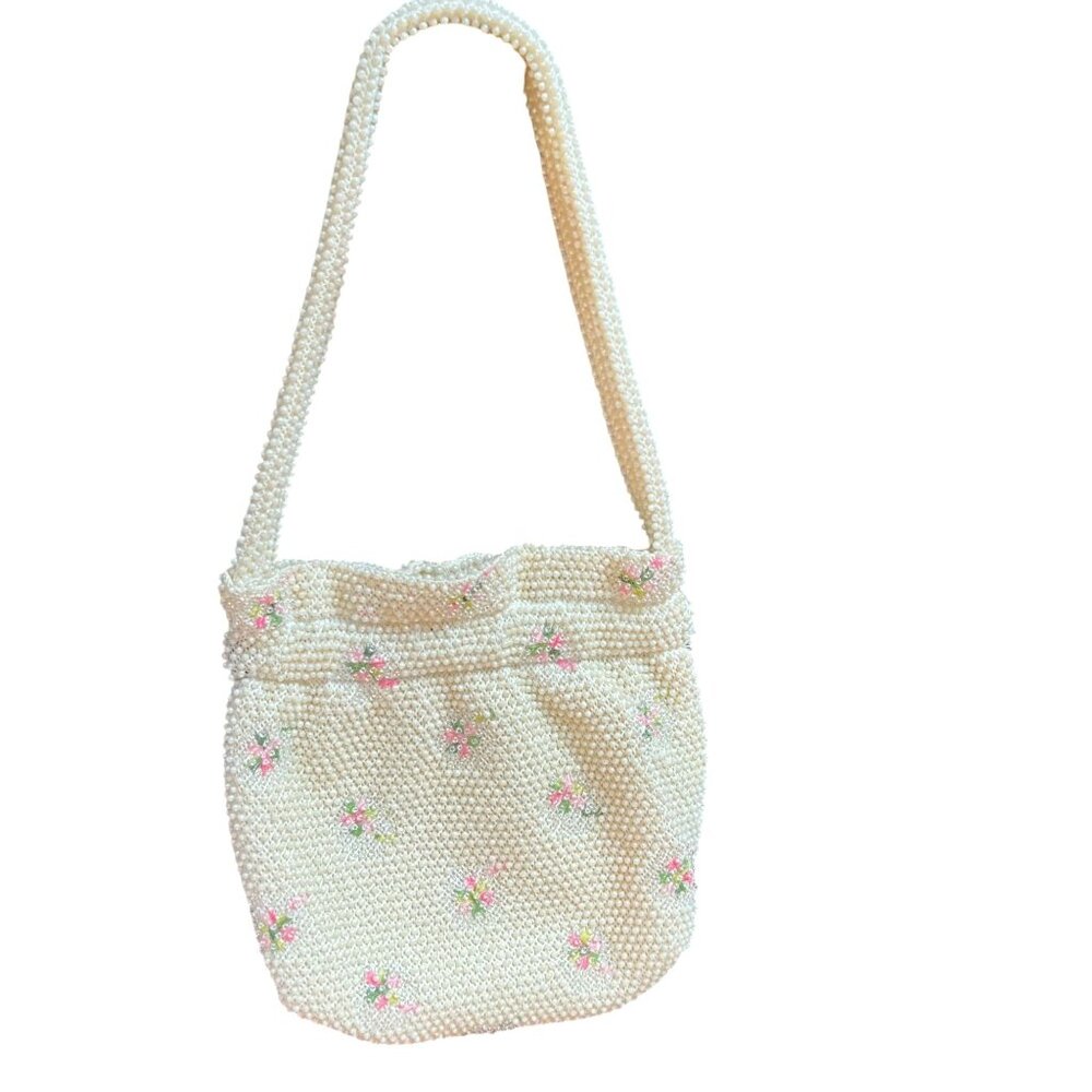 Vintage 50s White Beaded Floral Handbag - Picture 2 of 5